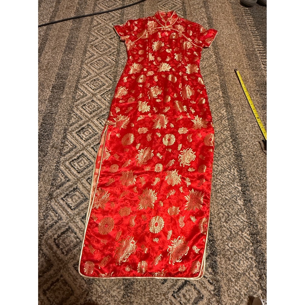 Vintage Red Gold Floral Brocade Cheongsam Qipao Dress Mandarin Collar Maxi 1254